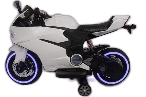 Image of Ducati Style Motorcycle with LED Wheels Electric Ride on Bike 12V | White - Elegant Electronix