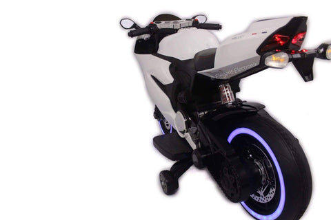 Image of Ducati Style Motorcycle with LED Wheels Electric Ride on Bike 12V | White - Elegant Electronix