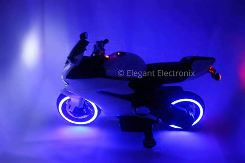 Image of Ducati Style Motorcycle with LED Wheels Electric Ride on Bike 12V | White - Elegant Electronix