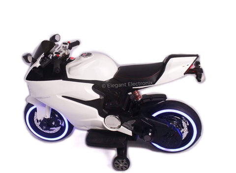 Image of Ducati Style Motorcycle with LED Wheels Electric Ride on Bike 12V | White - Elegant Electronix