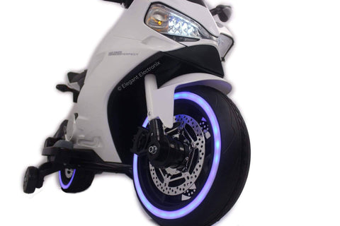 Image of Ducati Style Motorcycle with LED Wheels Electric Ride on Bike 12V | White - Elegant Electronix